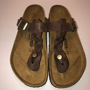 New Birkenstock Brown Oiled Leather Braided Gizeh Sandals 10/41